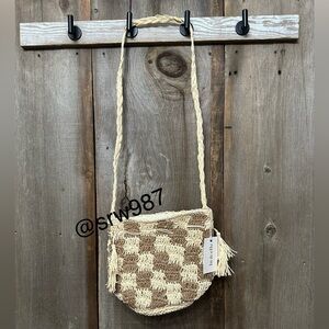 Lu & Elle The Sundrift Tassel Bucket Bag Handwoven Natural Tones Checkered